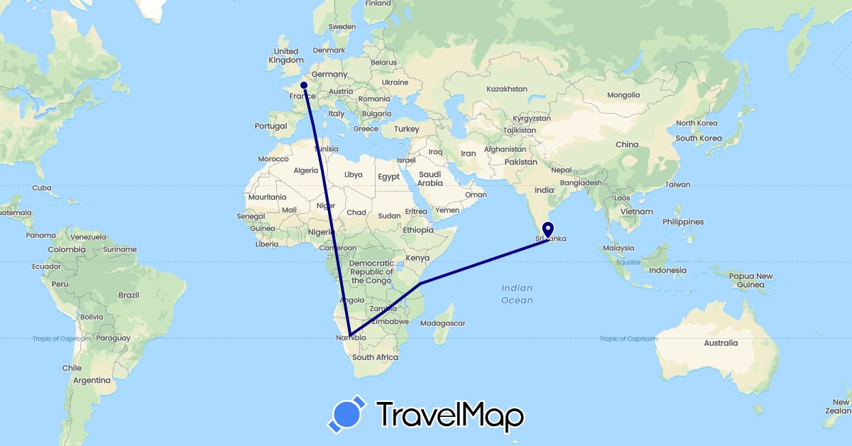 TravelMap itinerary: driving in France, Sri Lanka, Namibia, Tanzania (Africa, Asia, Europe)